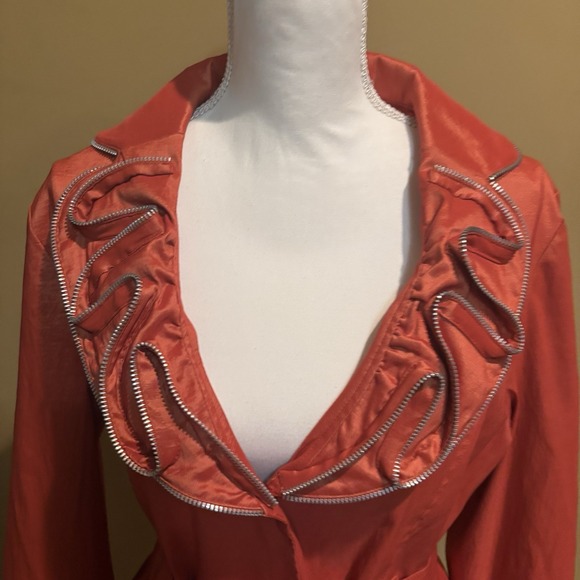 Jerry T Orange Satin Ruffle Zip Collar Belted Blazer Jacket Women's Size Large - Picture 3 of 7